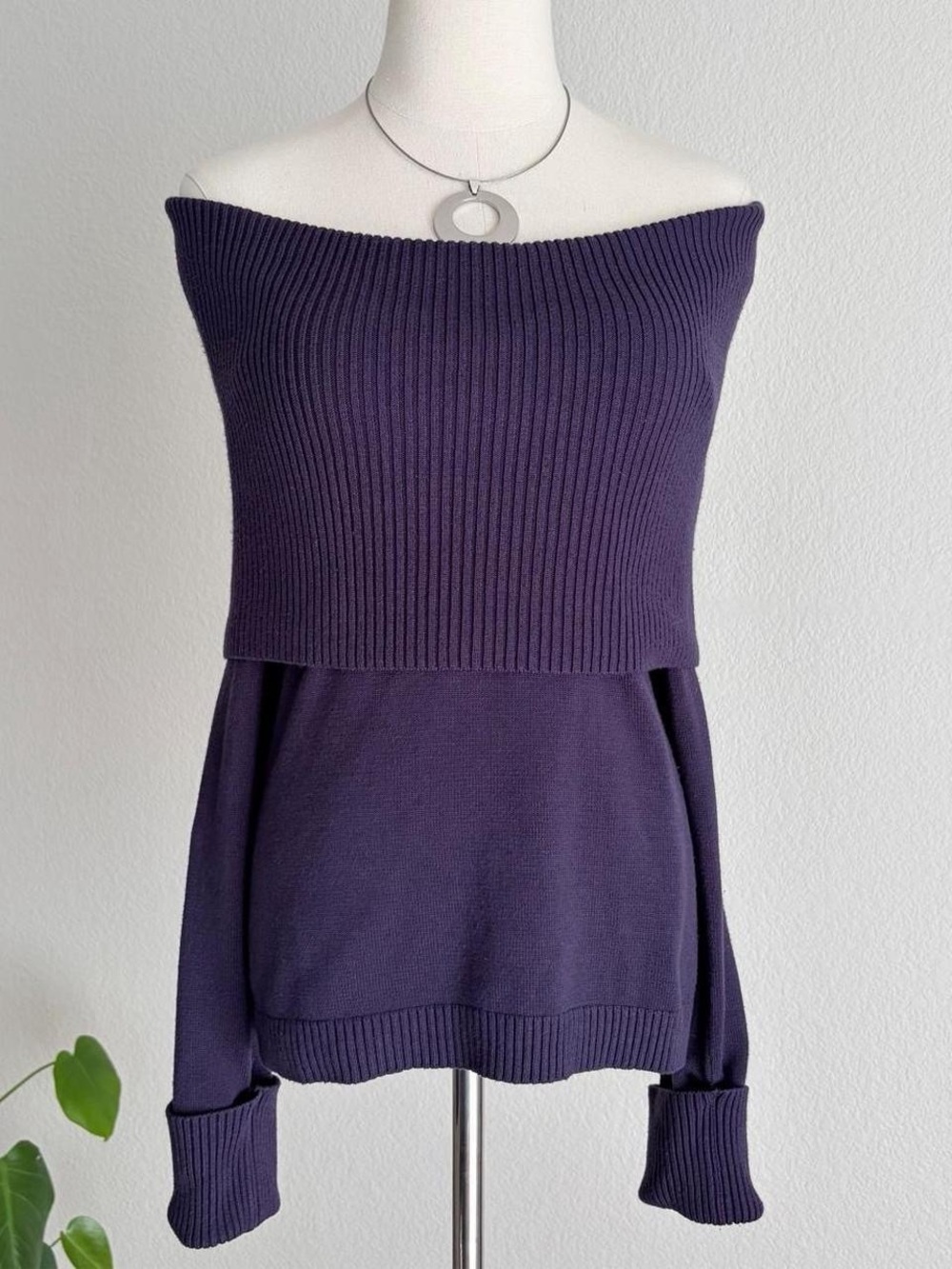 Off-Shoulder Ribbed Knit Sweater - Purple - Picture 2 of 7